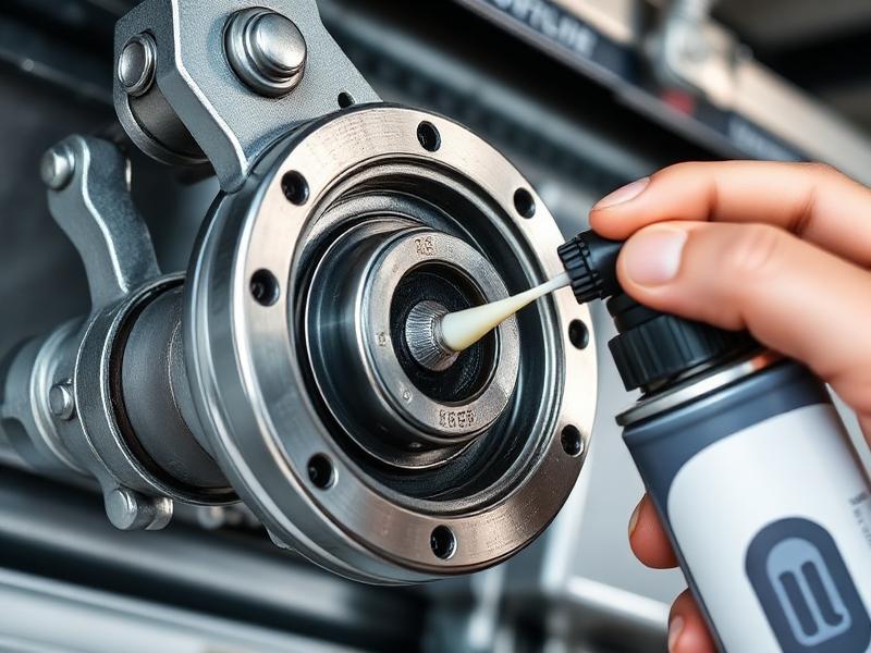 Close-up of garage door bearing being lubricated