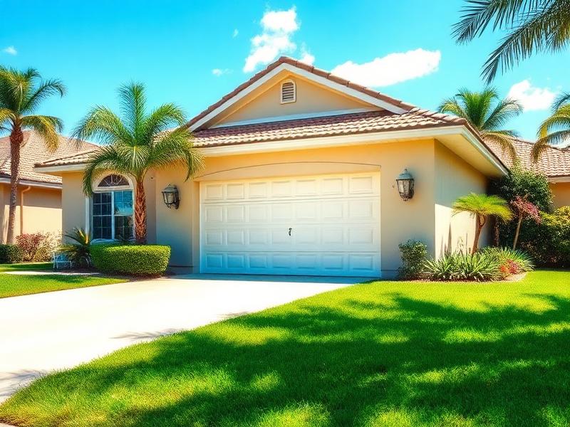 Florida home with garage door in summer setting