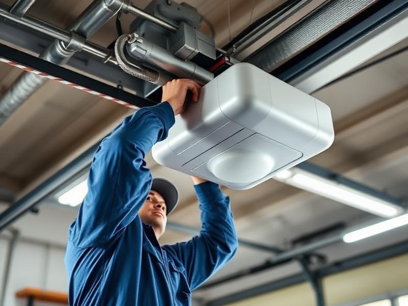 Professional technician installing garage door opener motor