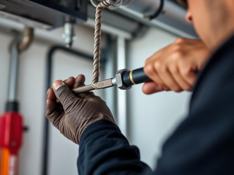 Technician hands repairing garage door cable mechanism