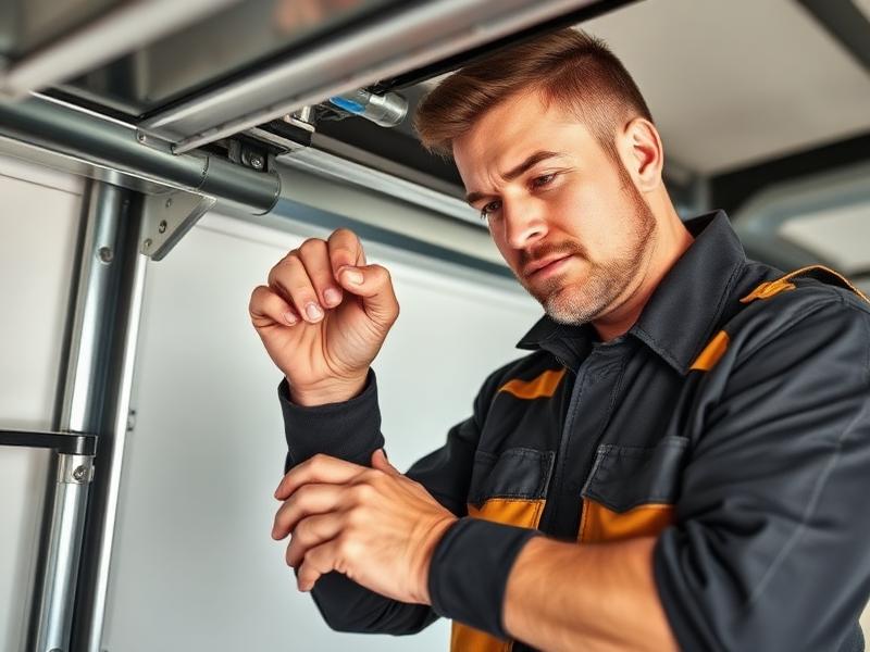 Expert technician adjusting garage door track alignment